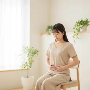 ひごころ治療院の不妊鍼灸・体質改善のイメージ。お腹を優しく押さえる女性